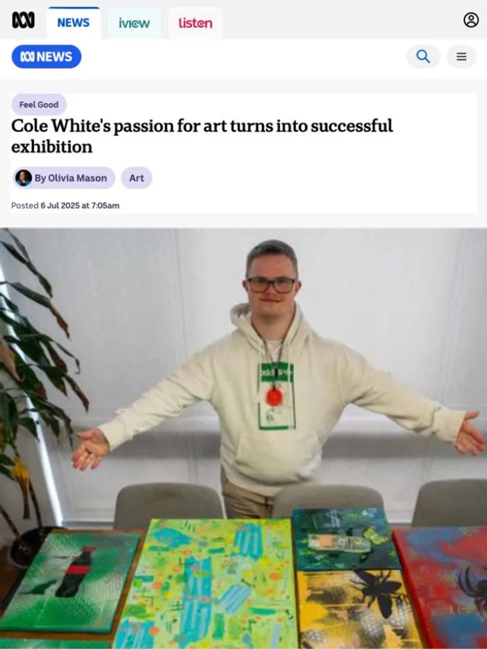 ABC News article page showing Cole started creating art to decorate his mum's house. Now he's had his first solo exhibition
