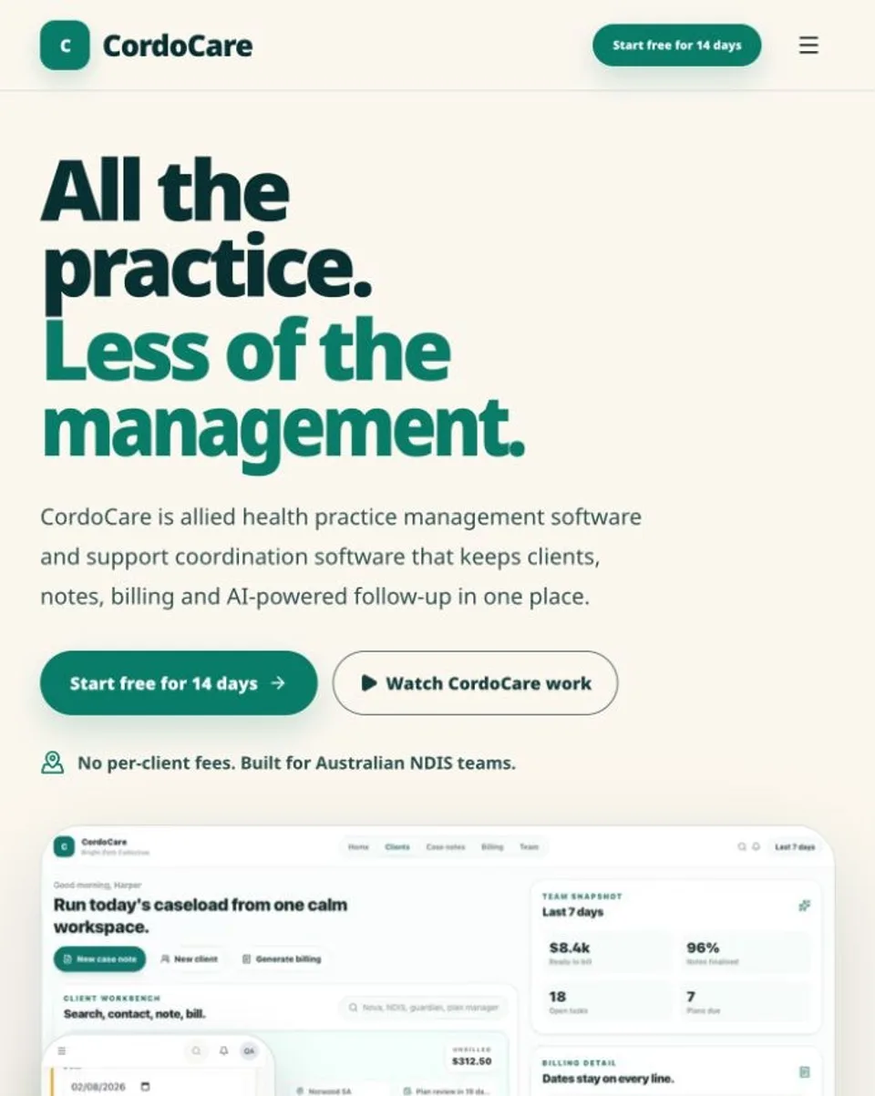 CordoCare website showing its practice management product and workspace