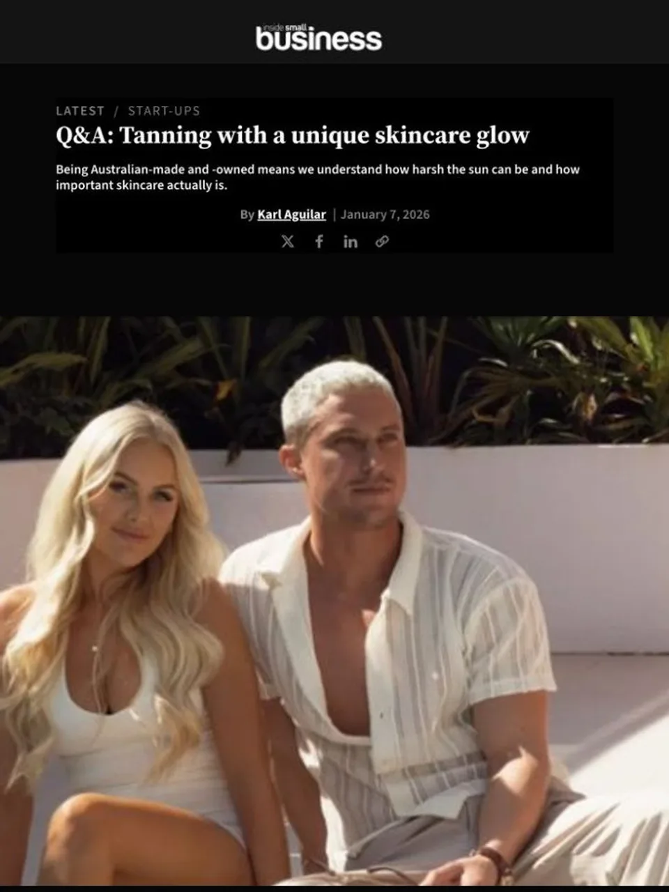 Inside Small Business article page showing Q&A: Tanning with a unique skincare glow